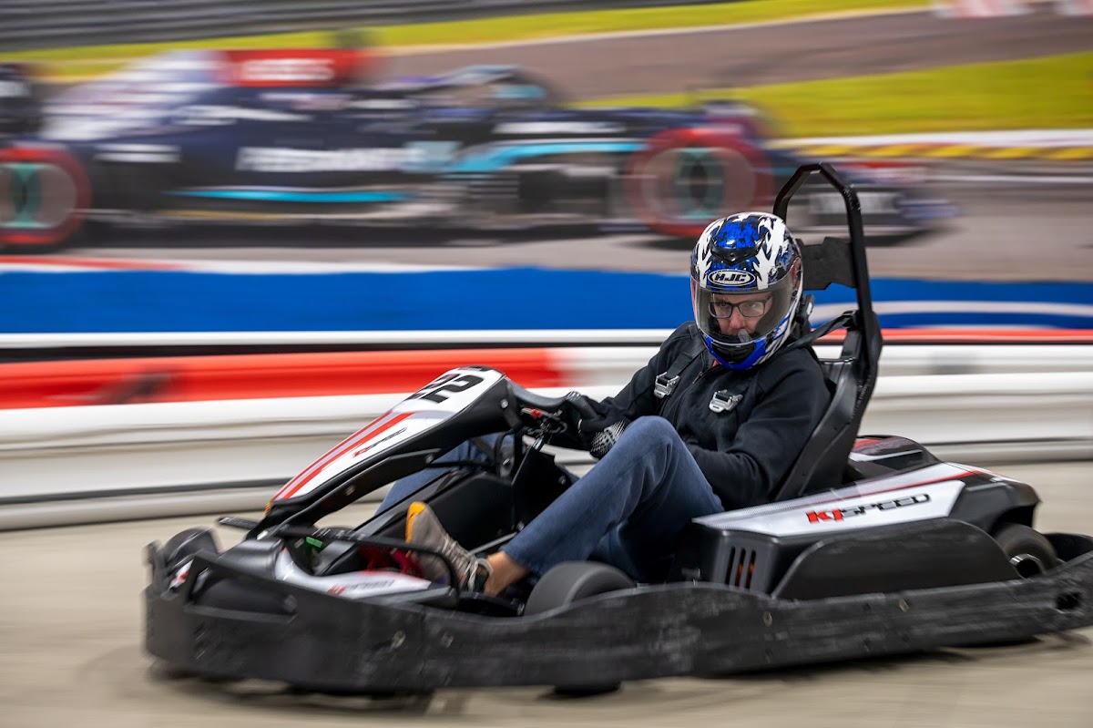 Go-karts racing on an indoor track in Ohio