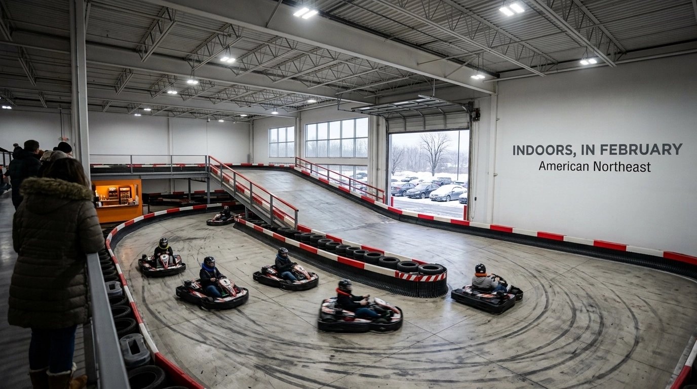 Go-karts racing on an indoor circuit in Pennsylvania with snow outside