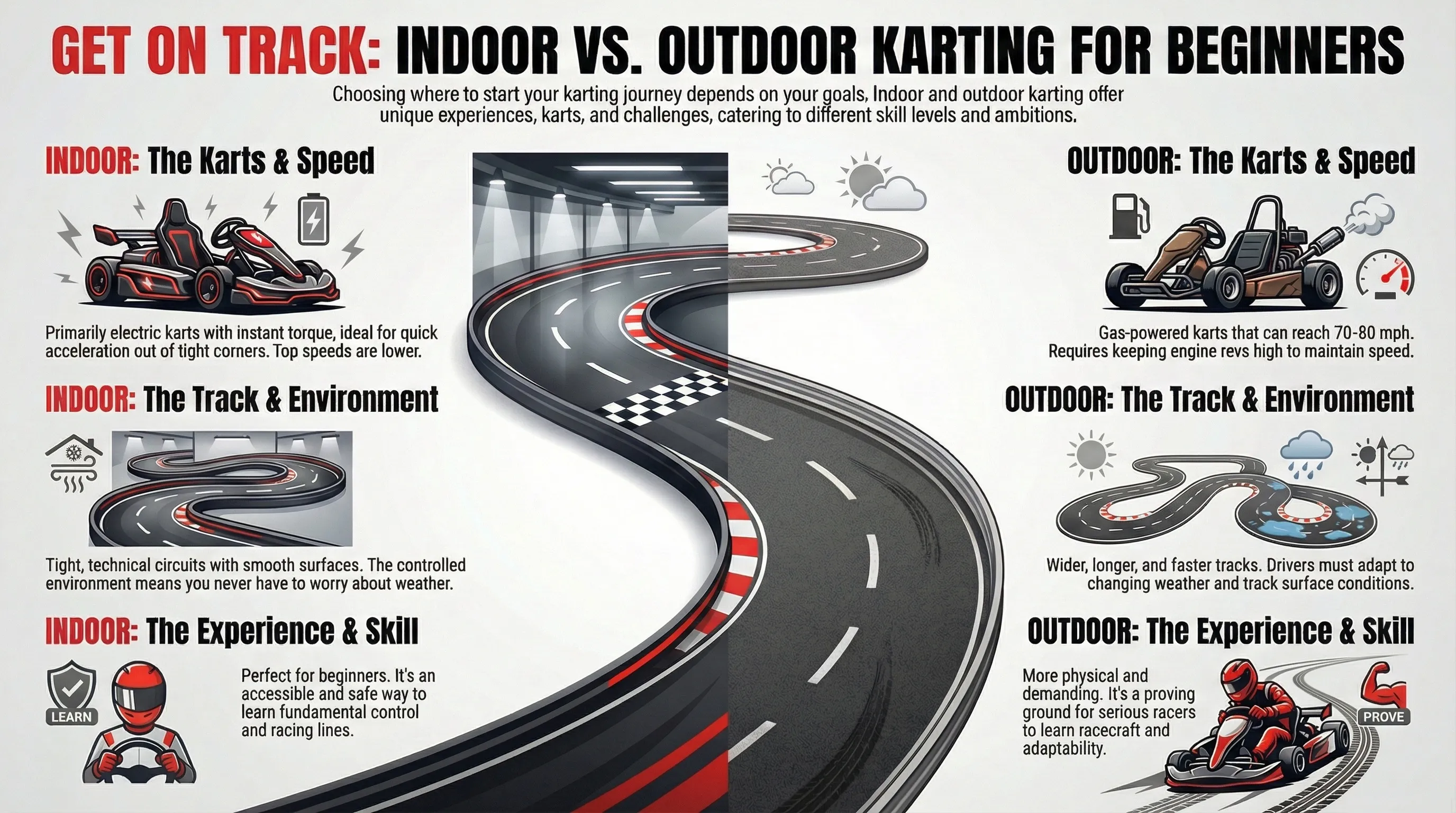 Indoor vs outdoor karting infographic comparing key differences